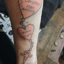 Let It Bleed Tattoo - The four names in the hearts are of my four kitties I was blessed to have. Thank you Karl again 4 your gr8 work today. Sara Jane Firth