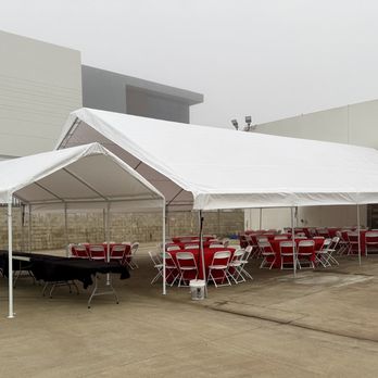 Party With Us Rentals - 30x50 A-Frame Canopy, 72" round tables, red linen, standard white folding chairs for a corporate event - Party Supplies Near Me - Chino, California Party With Us Rentals - 30x50 A-Frame Canopy, 72" round tables, red linen, standard white folding chairs for a corporate event - Party Supplies Near Me - Chino, California