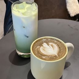 Kyoto matcha latte (only comes cold) & hojicha latte