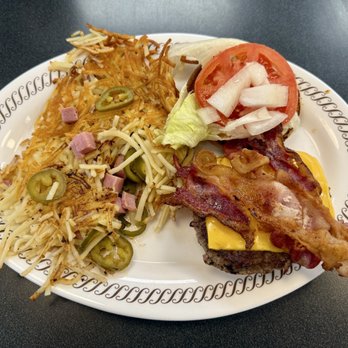 Waffle House - Myrtle Beach - Bacon Cheeseburger Deluxe Platter with Hashbrowns with Ham and Jalapeños - Breakfast & Brunch Near Me - Myrtle Beach, South Carolina Waffle House - Myrtle Beach - Bacon Cheeseburger Deluxe Platter with Hashbrowns with Ham and Jalapeños - Breakfast & Brunch Near Me - Myrtle Beach, South Carolina