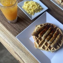 Koffy Brunch & Bistro - Waffles, Sausage and scrambled eggs