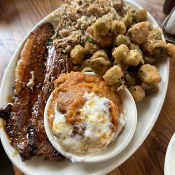 The Pit - Double Combo (Brisket / Chopped BBQ) Sides: Fried Okra / Sweet Potato Casserole - Barbeque Near Me - Raleigh, North Carolina