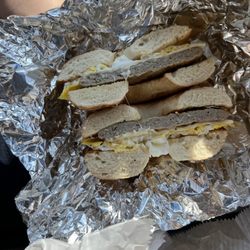 White Mountain Bagel - Sausage egg and cheese on an everything bagel
