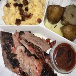 Brisket, Bacon mac and cheese, and salt potatoes Brisket, Bacon mac and cheese, and salt potatoes