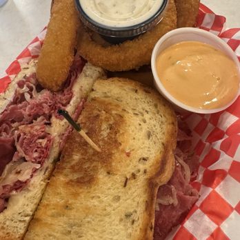 Miner's Diner - Reuben with onion rings on rye - American Near Me - Julian, California Miner's Diner - Reuben with onion rings on rye - American Near Me - Julian, California