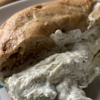 Bagel Time - Sadly deflated wheat bagel with cucumber dill cream cheese. Maybe that's just how wheat bagels are. Noticeably smaller than non-wheat bagel - Bagels Near Me - Worcester, Massachusetts
