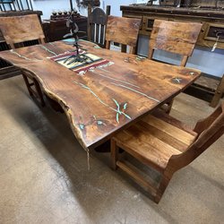 Retablo - Dining table set -natural wood with inlaid turquoise