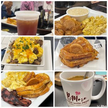 B'More Made with Pride - The breakfast bowl with eggs, turkey, sausage, and hashbrowns, the grits, the turkey bacon, the snickerdoodle French toast and the coffee. - Desserts Near Me - Baltimore, Maryland