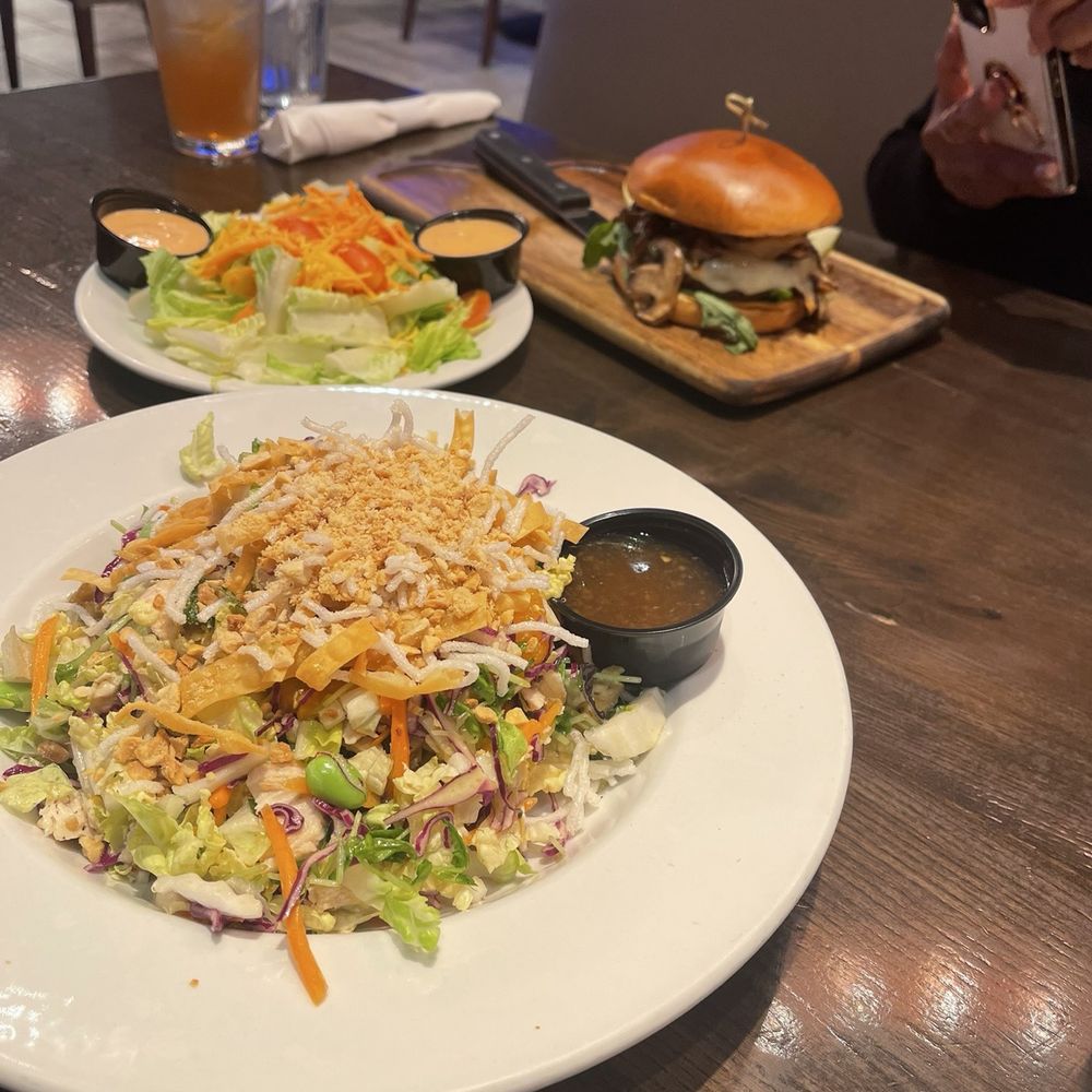 RANK & FILE - Shroom burger and side salad and Asian chopped chicken - Bars Near Me - El Cajon, California RANK & FILE - Shroom burger and side salad and Asian chopped chicken - Bars Near Me - El Cajon, California