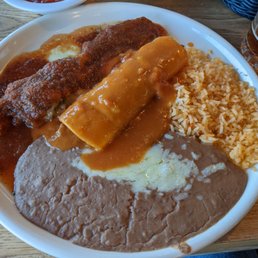 Combination Dinner #10.  Chile Relleno, Enchilada, Beans, Rice.