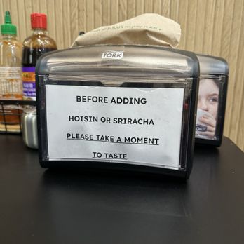 A Ma’s Kitchen & Pho - Love this note on the napkin holder - Noodles Near Me - Chandler, Arizona