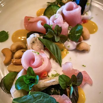 The Lark - Japanese Hamachi Crudo * hearts of palm, passionfruit, coconut cream, roasted cashew, thai chile, basil - New American Near Me - Santa Barbara, California The Lark - Japanese Hamachi Crudo * hearts of palm, passionfruit, coconut cream, roasted cashew, thai chile, basil - New American Near Me - Santa Barbara, California