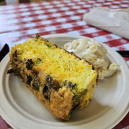 Cheese and chive frittata with Mac and cheese. Cheese and chive frittata with Mac and cheese.