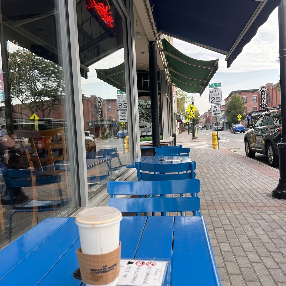 a blue bench with a cup of coffee and a muffin