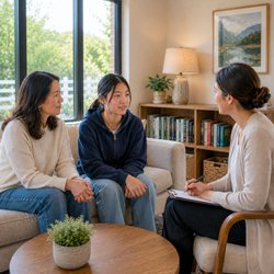 Guide Behavioral Health - Compassionate therapist meeting with a teen and parent to support emotional wellness and family connection.