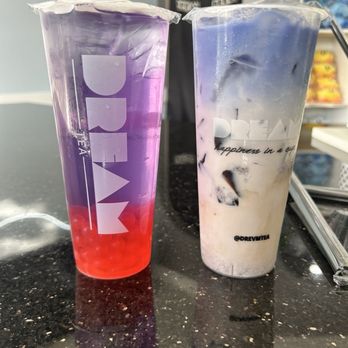 Dream Tea - Left - lychee butterfly, right - butterfly milk tea - Bubble Tea Near Me - Sacramento, California