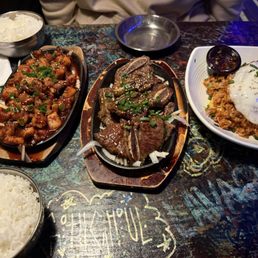 Chicken Bulgogi, LA Galbi, and Kimchi Fried Rice.