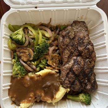The Mill at The Kasteel - Cooked vegetables and a "Ribeye".... This shouldn't be worth $32. Gravy was tasty, though. - American Near Me - Oak Harbor, Washington