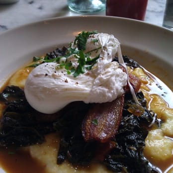 Gjelina - Poached Eggs, Soft Polenta, Braised Cavolo Nero & Crisp Bacon with my Blood OJ in the back - New American Near Me - Venice, California Gjelina - Poached Eggs, Soft Polenta, Braised Cavolo Nero & Crisp Bacon with my Blood OJ in the back - New American Near Me - Venice, California