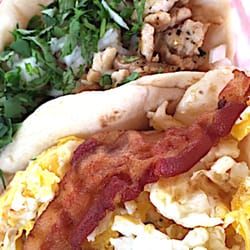 Tino's Tex-Mexican Food - The chicken fajita & a very good bacon & egg taco. Exactly $4.50 for both. Mr Tino's hot sauce is not to be trifled with either.