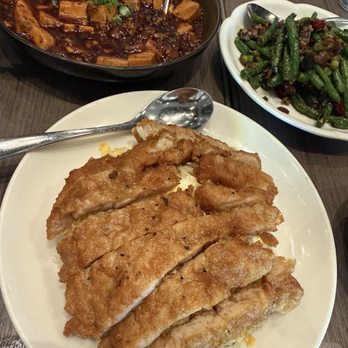 Paradise Dynasty - Pork Fried Rice with Fried Pork Chop Ma Po Tofu with Pork Stir-fried French Bean with Minced Pork and Preserved Olive Vegetable - Singaporean Near Me - Costa Mesa, California