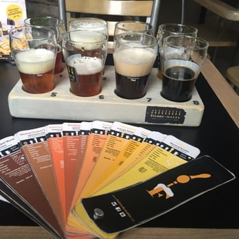Fiebre de Malta - Tasty 8 beer sampler and the cool menu cards that show the beer characteristics (color, style, strength, origin, etc.) - Gastropubs Near Me - México, D.F., DIF Fiebre de Malta - Tasty 8 beer sampler and the cool menu cards that show the beer characteristics (color, style, strength, origin, etc.) - Gastropubs Near Me - México, D.F., DIF