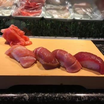 Shiro's - Different parts of bluefin tuna (right to left): akami (lean/red meat), chuu  (medium) toro, chuu toro zuke (marinated), & oo (big) toro. - Sushi Bars Near Me - Seattle, Washington
