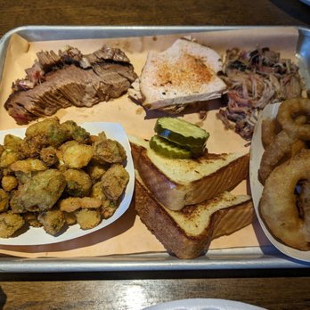 Foggy Bottom BBQ - Pit Master plate with brisket, sliced turkey & pulled pork plus fried okra & onion rings ($1 more). - Barbeque Near Me - Lawrenceville, Georgia Foggy Bottom BBQ - Pit Master plate with brisket, sliced turkey & pulled pork plus fried okra & onion rings ($1 more). - Barbeque Near Me - Lawrenceville, Georgia