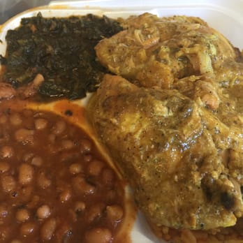 Afrodish Restaurant - Chicken curry, spinach, beans, and rice - Caribbean Near Me - Atlanta, Georgia