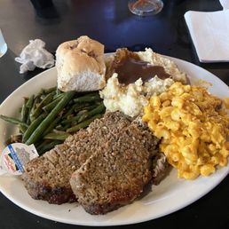 Tuesday special,Meatloaf, mac & Cheese  Green beans, mashed potatoes and gravy, Last but not least dinner roll.