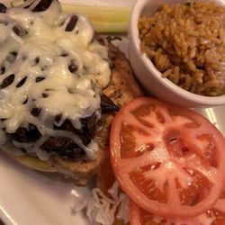 Huge, delicious Mushroom Jack Chicken Sandwich with Seasoned Rice. Yum!
