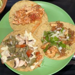 100%Tacos - Chicken tinga, cammarones (shrimp), and veggie taco. Super delicious!