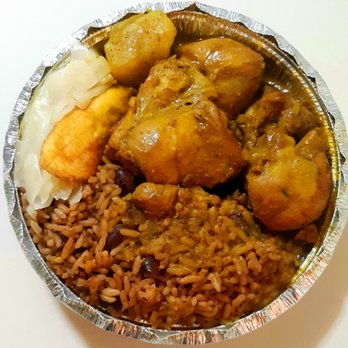 Genesis - Small Curry Chicken Dinner with rice & peas, steamed cabbage and plantain - Caribbean Near Me - Jamaica, New York