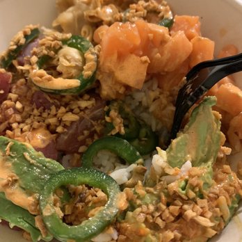 Poke Time - 2 Protein Bowl- I did salmon/tuna, white rice, avocado, jalapeño, toasted garlic, ginger, with spicy Mayo and ponzu! - Hawaiian Near Me - Ramsy, New Jersey