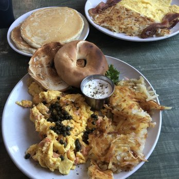George's Place - Breakfast scrambled eggs with hash browns and some pancakes - Breakfast & Brunch Near Me - Cape May, New Jersey