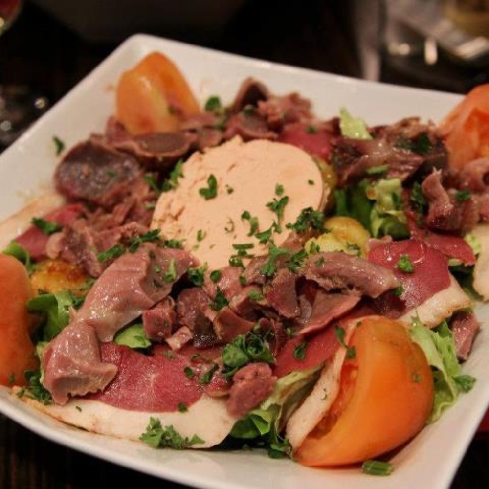 Gourmande - tomato, potato, duck gizzard, smoked duck breast, foie gras