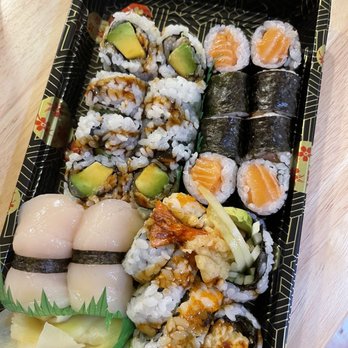 Sashimi Express II - Scallop nigiri, salmon roll, eel avocado roll, shrimp tempura roll - Sushi Bars Near Me - New York, New York Sashimi Express II - Scallop nigiri, salmon roll, eel avocado roll, shrimp tempura roll - Sushi Bars Near Me - New York, New York