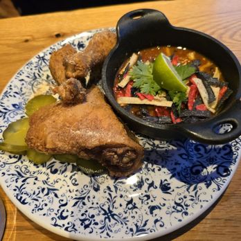 Tupelo Honey Southern Kitchen & Bar - Fried chicken with chicken tortilla soup. - Southern Near Me - Denver, Colorado Tupelo Honey Southern Kitchen & Bar - Fried chicken with chicken tortilla soup. - Southern Near Me - Denver, Colorado