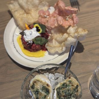 Olamaie - Strube Ranch Wagyu Beef Tartare with beet chips Oysters Rockefeller - Southern Near Me - Austin, Texas Olamaie - Strube Ranch Wagyu Beef Tartare with beet chips Oysters Rockefeller - Southern Near Me - Austin, Texas