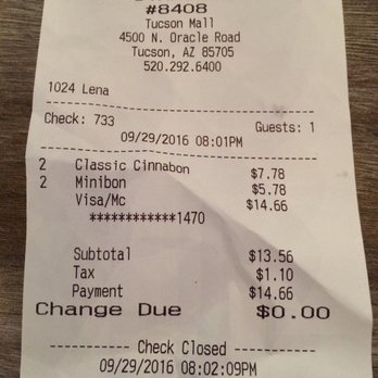 Cinnabon - a receipt for a restaurant - Bakeries Near Me - Tucson, Arizona