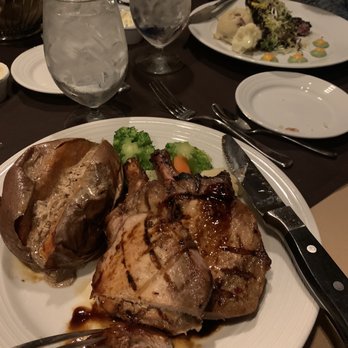 Stockman's Steakhouse - Pork chop plate and across is the ahi tuna plate - Steakhouses Near Me - Laughlin, Nevada
