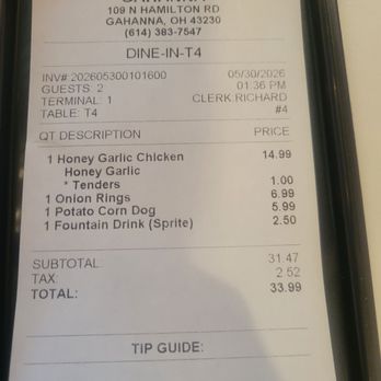DHC Chicken - Here's the cost of our meal.  This was enough for two people as the chicken tenders were large. - Korean Near Me - Columbus, Ohio