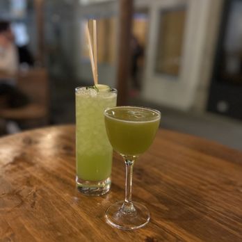 Peacekeeper - Front: Green Goddess(Gin, rhubarb, citrus, matcha green tea) Back: Jetset(Vodka, cucummber, citrus, sode) - Cocktail Bars Near Me - San Francisco, California Peacekeeper - Front: Green Goddess(Gin, rhubarb, citrus, matcha green tea) Back: Jetset(Vodka, cucummber, citrus, sode) - Cocktail Bars Near Me - San Francisco, California