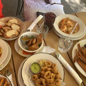 Cafe Rue Dix - Shrimp Linguine, Calamari, Rue Dixe Burger, Veggie Fataya, and Spicy Poulet Sandwich - French Near Me - Brooklyn, New York
