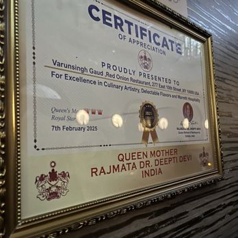 Red Onion - Certificate from Queen Mother - Vegetarian Near Me - New York, New York Red Onion - Certificate from Queen Mother - Vegetarian Near Me - New York, New York