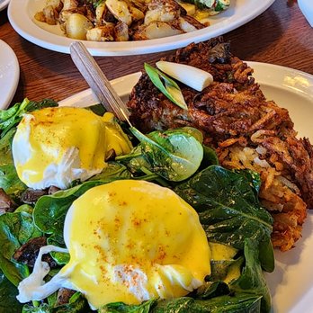 Honey's Farm Fresh - Veggie eggs benny with latke and roasted pepper omelette with home fried - American Near Me - Lewes, Delaware Honey's Farm Fresh - Veggie eggs benny with latke and roasted pepper omelette with home fried - American Near Me - Lewes, Delaware