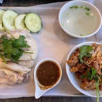 Three Roosters - Poached Chicken Plate w/ side of Fried Chicken (yum) - Thai Near Me - New York, New York