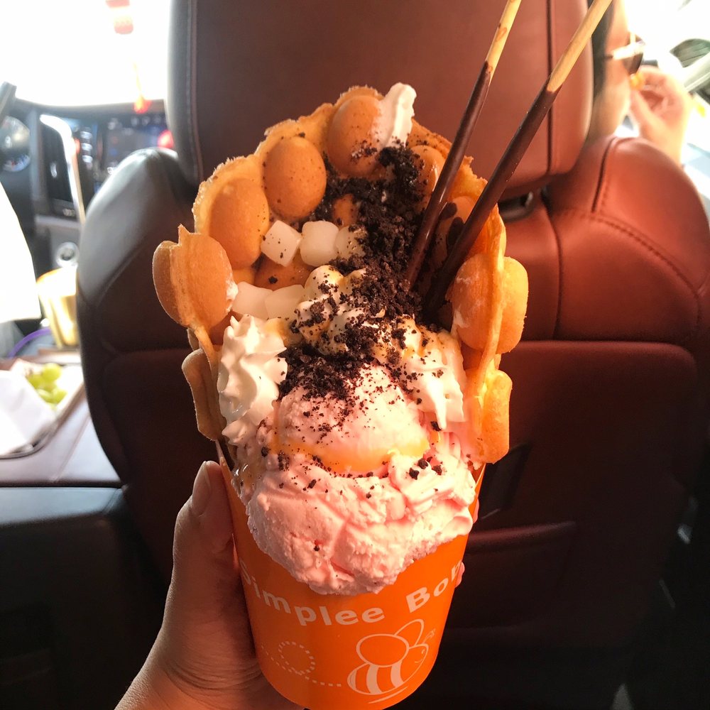 Bubble Waffle with Ice Cream and Toppings. Chocolate chip waffle with strawberry ice cream! Mochi, pocky, oreo, and whip cream topping. Bubble Waffle with Ice Cream and Toppings. Chocolate chip waffle with strawberry ice cream! Mochi, pocky, oreo, and whip cream topping.