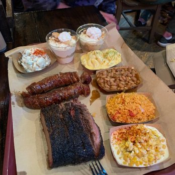 Terry Black's Barbecue - Brisket, sausage, Mac n cheese, Spanish rice, baked beans, creamed corn, banana pudding, and potato salad - Barbeque Near Me - Austin, Texas