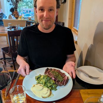 Aji Restaurant - Ribeye with pesto tagliatelle and boiled potatoes, and a cutie ;) - Latin American Near Me - Taos, New Mexico